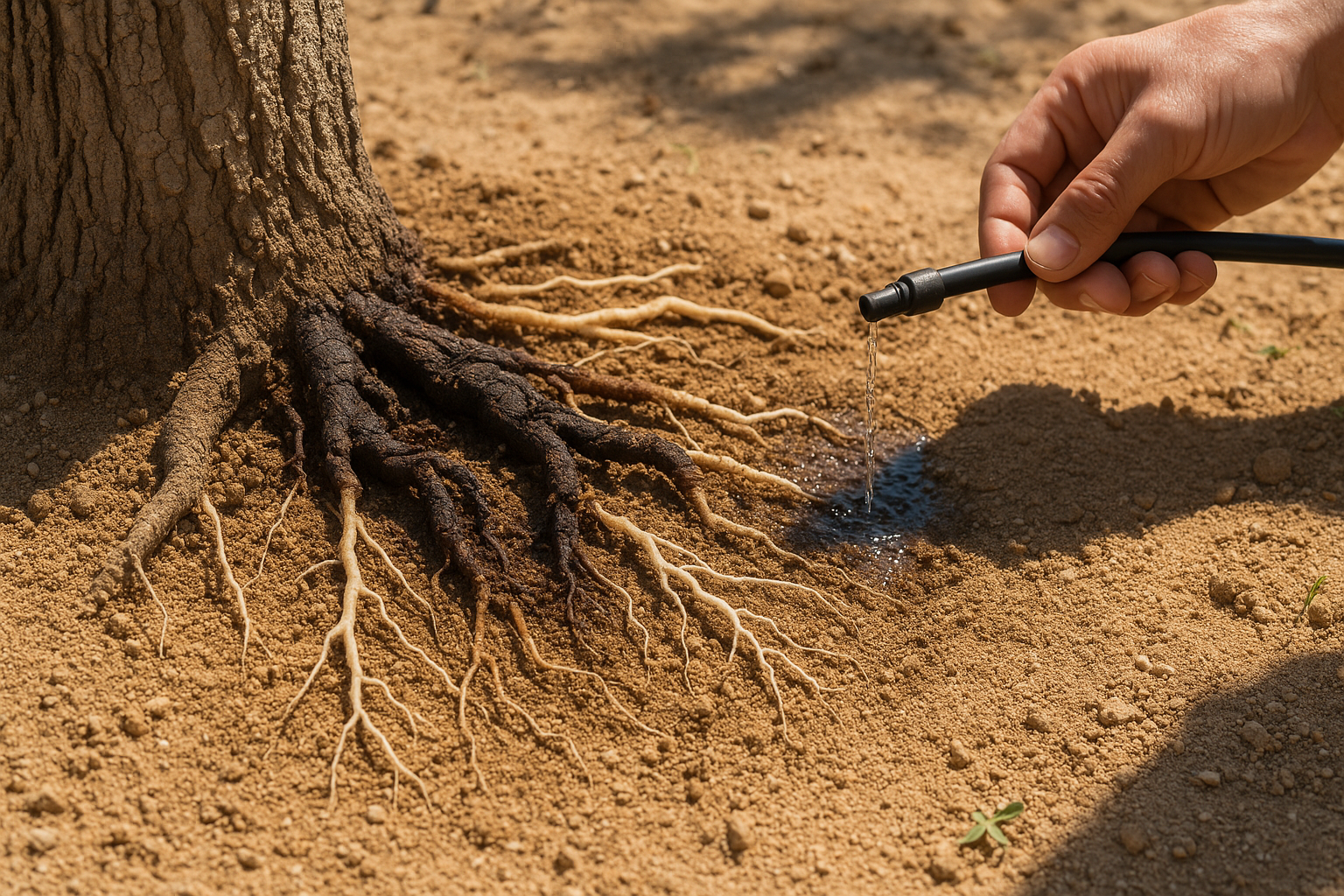 Exposed tree roots showing healthy and rotted sections in dry Lancaster soil.