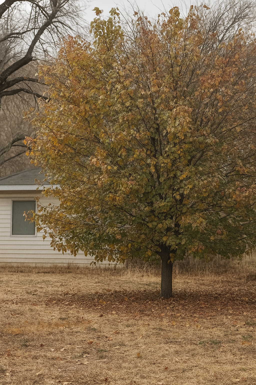 Mature deciduous tree in a residential yard during autumn, Lancaster CA.
