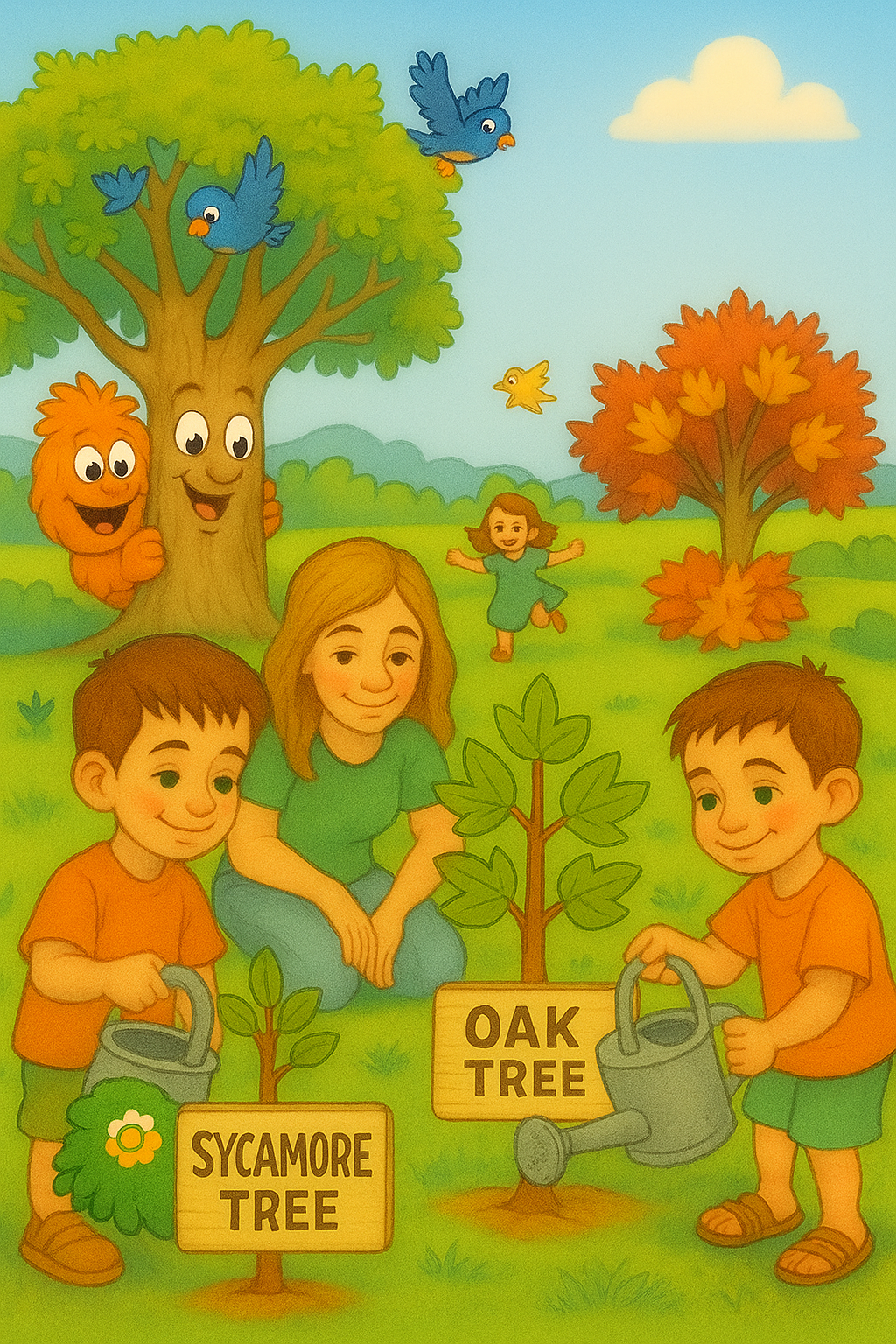 Children planting young oak and sycamore trees in a park with Sprout the orange tree mascot, happy trees, birds, and a smiling adult.