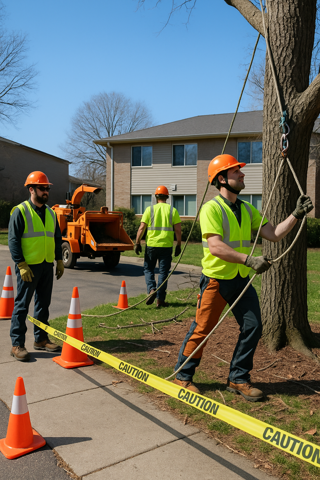 Tree care ground crew in high-visibility gear setting up a rigging zone around a tree using ropes, cones, and caution tape in front of residential buildings.