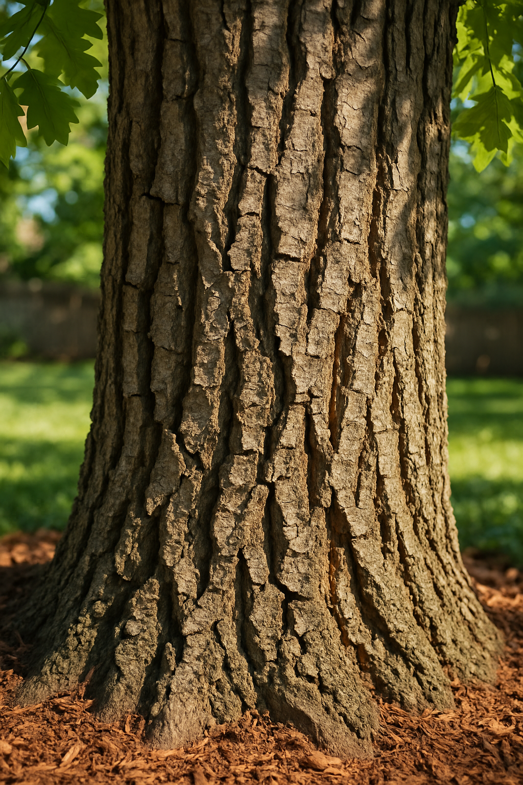 Close-up of cracked and peeling tree bark on an oak tree trunk in Lancaster.