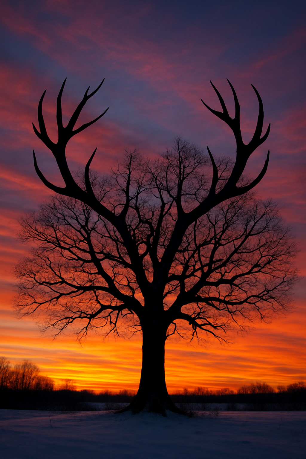 Silhouette of a tree with bare, antler-like branches at sunset, glowing orange and purple sky in the background.