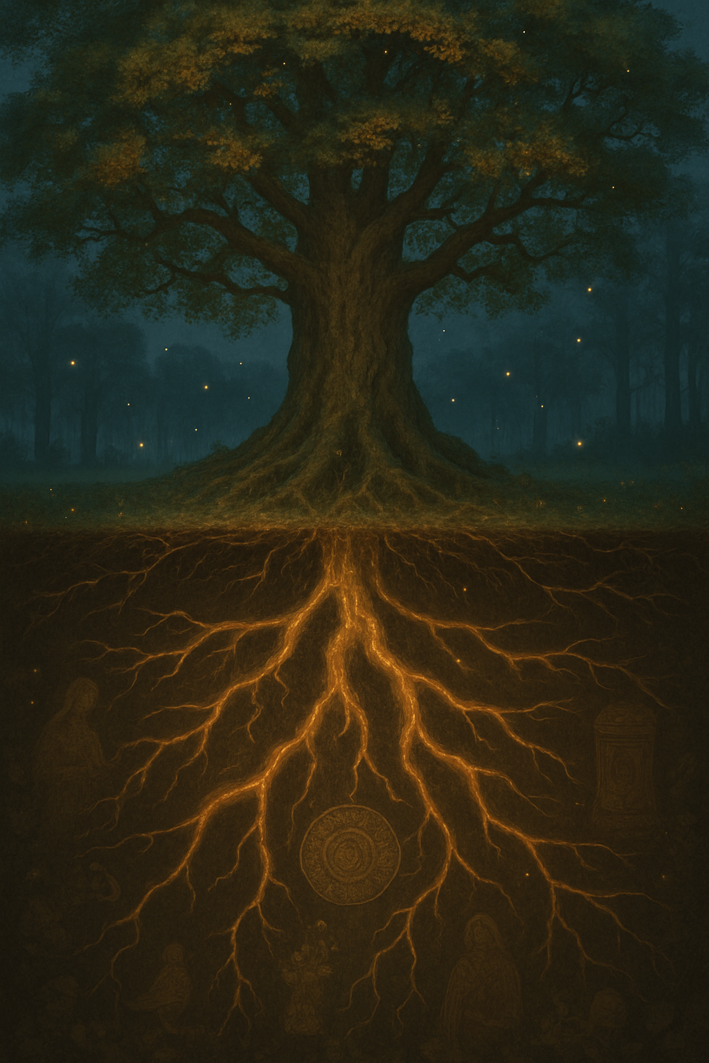 Split-view illustration of a large tree with sprawling branches above ground and glowing, vein-like roots below, embedded with faint spiritual symbols and artifacts in the soil.