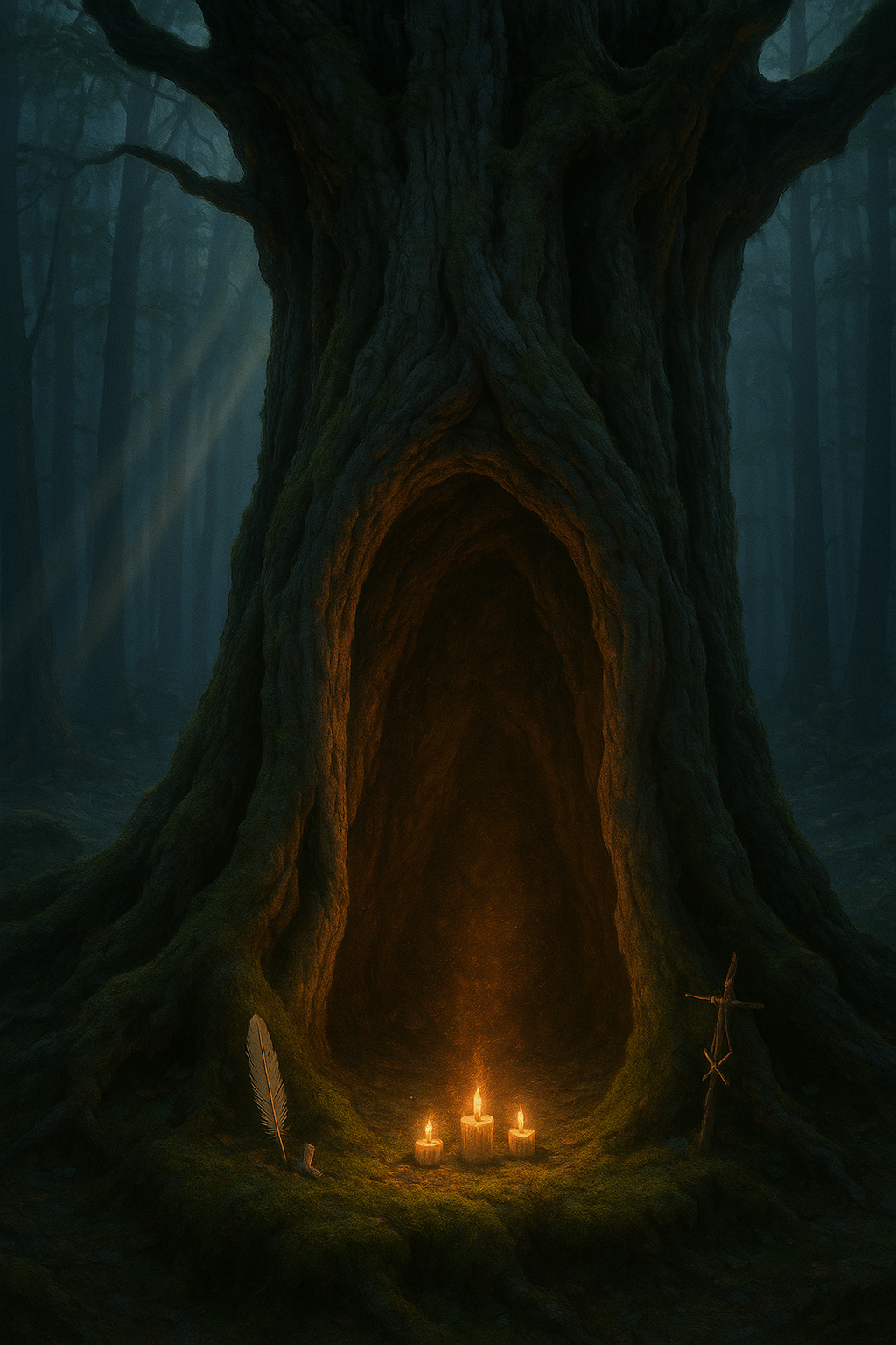 Dreaming Trees - Ancient tree with a hollow trunk glowing softly inside, surrounded by forest and gentle light filtering through the canopy.