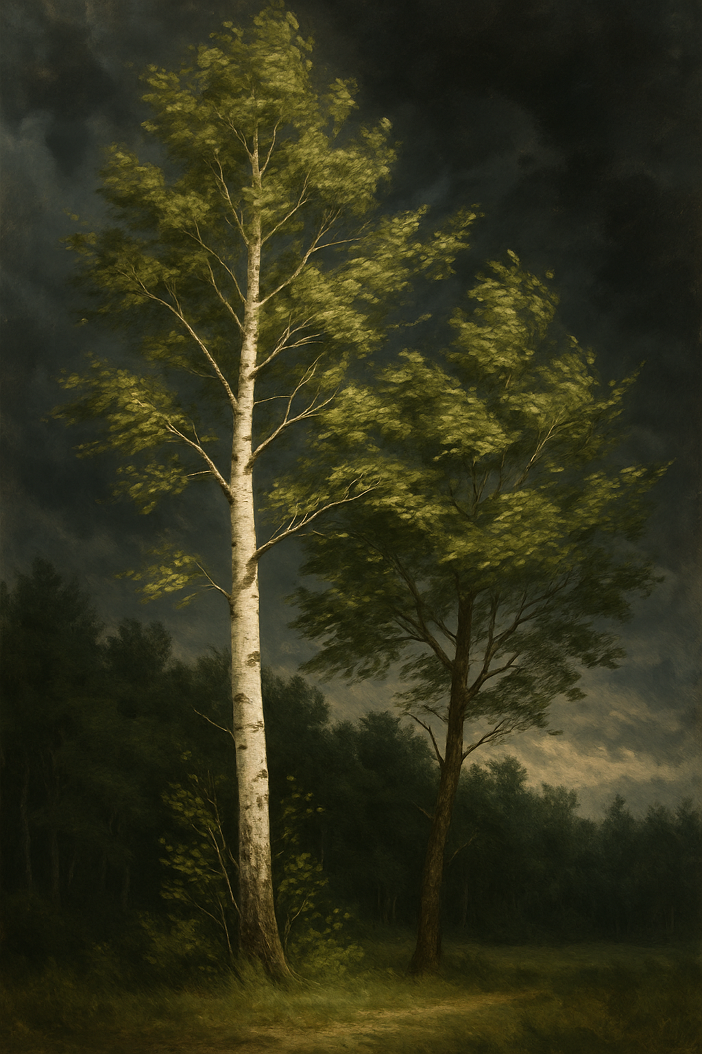 Birch and aspen trees swaying gently under a cloudy sky as a storm approaches, with leaves shimmering in the wind.