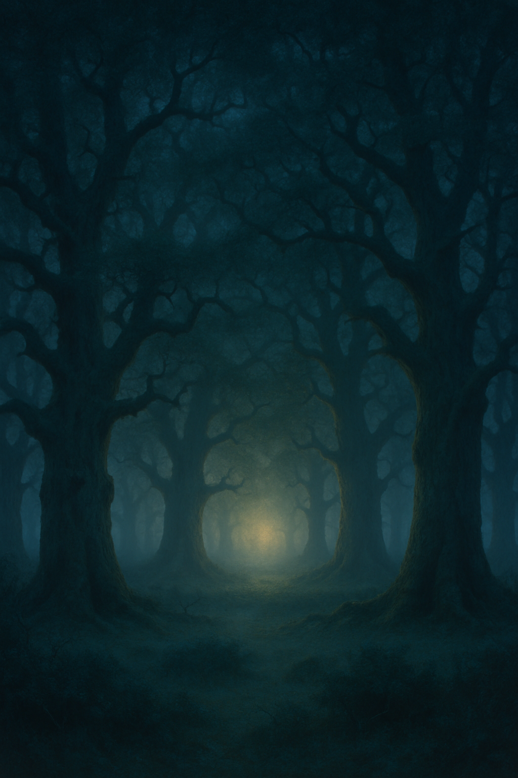 Twilight ancient oak grove glowing softly between trees