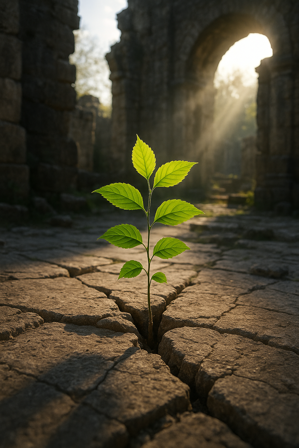  Sapling growing from ancient stone ruins with sunlight