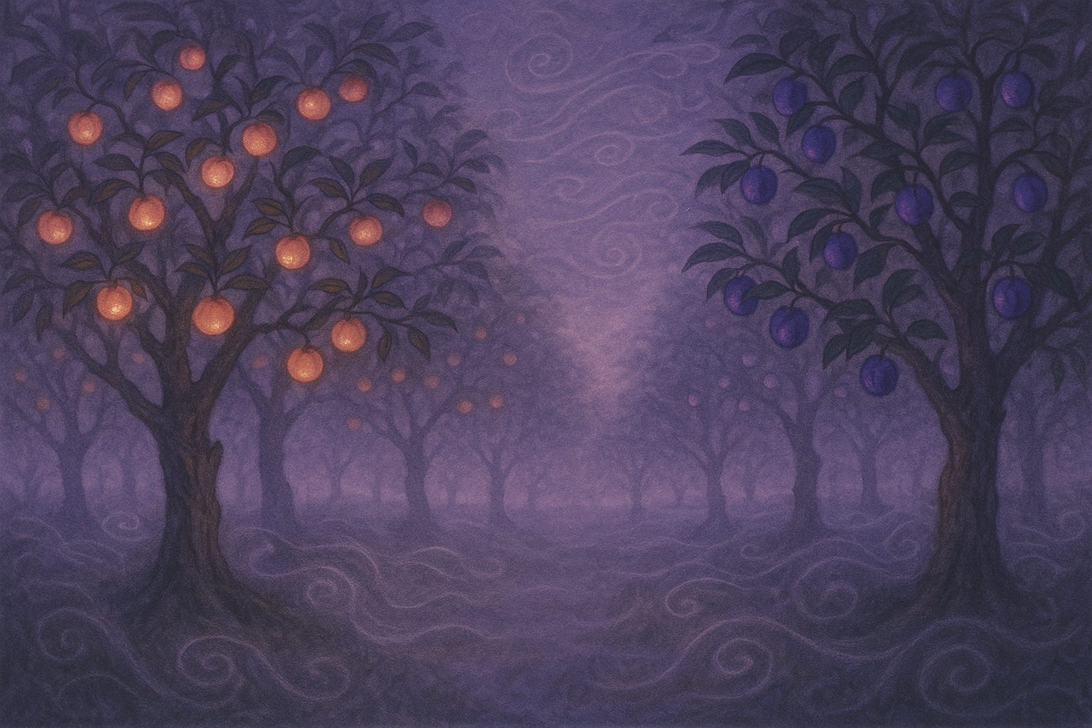 The Whispering Orchard: Fruit Trees in Legend and Spellwork - Twilight orchard with glowing fruit trees and swirling whisper-like air currents
