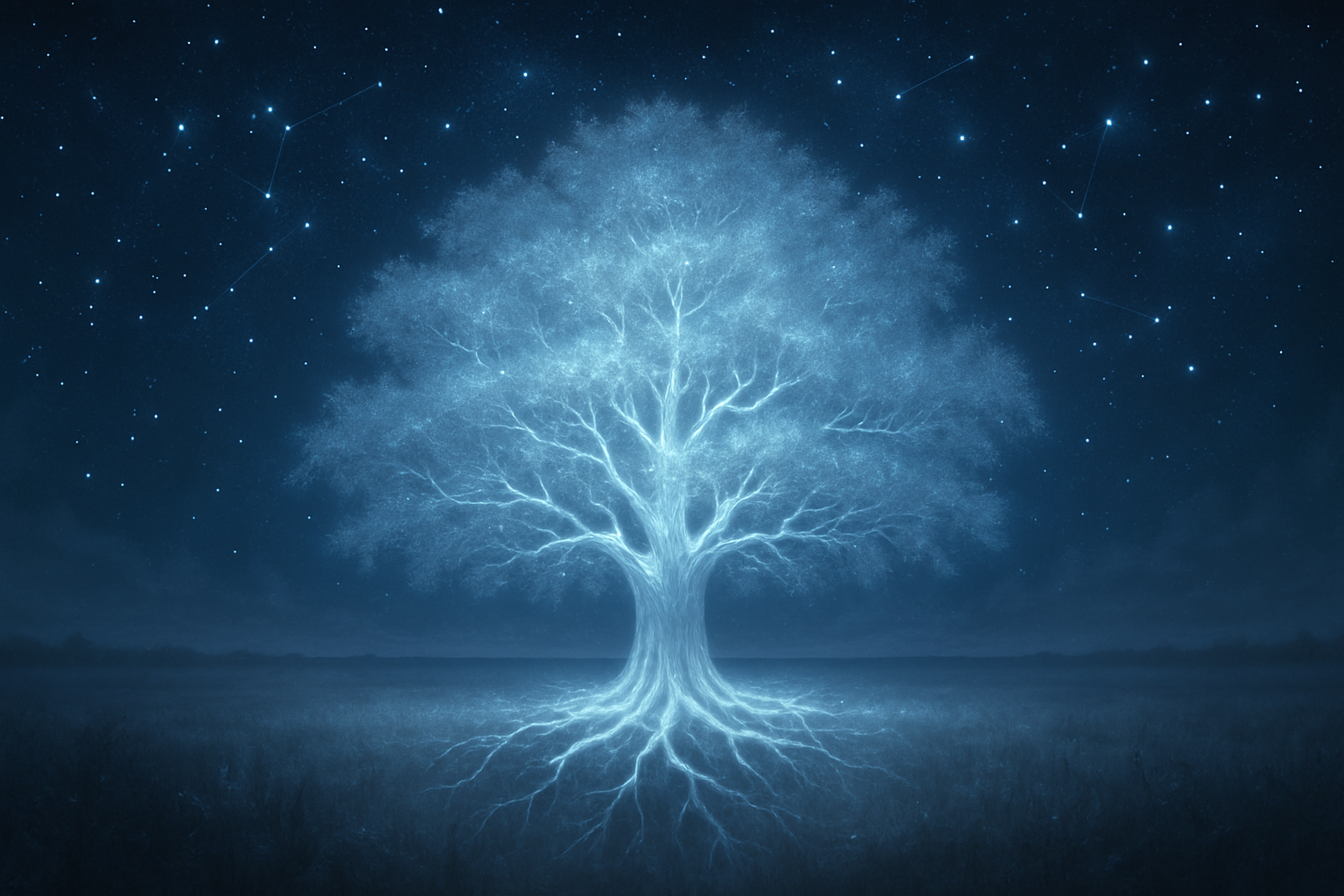 The Tree Beyond Time: Arboreal Symbols in Dreams and Divination - Glowing dreamlike tree with visible roots under starry sky and silver branches