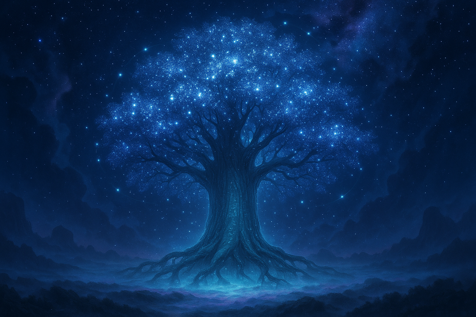 The Tree Beyond Time: Arboreal Symbols in Dreams and Divination - Glowing ancient tree in surreal dreamscape with starry leaves and floating roots