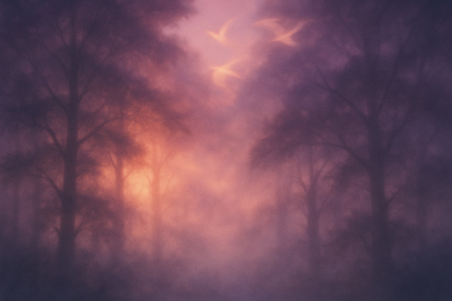 Twilight in the Treetops: Where Daylight Meets Forest Lore - Twilight light streaming through a forest canopy with glowing mist and silhouetted birds