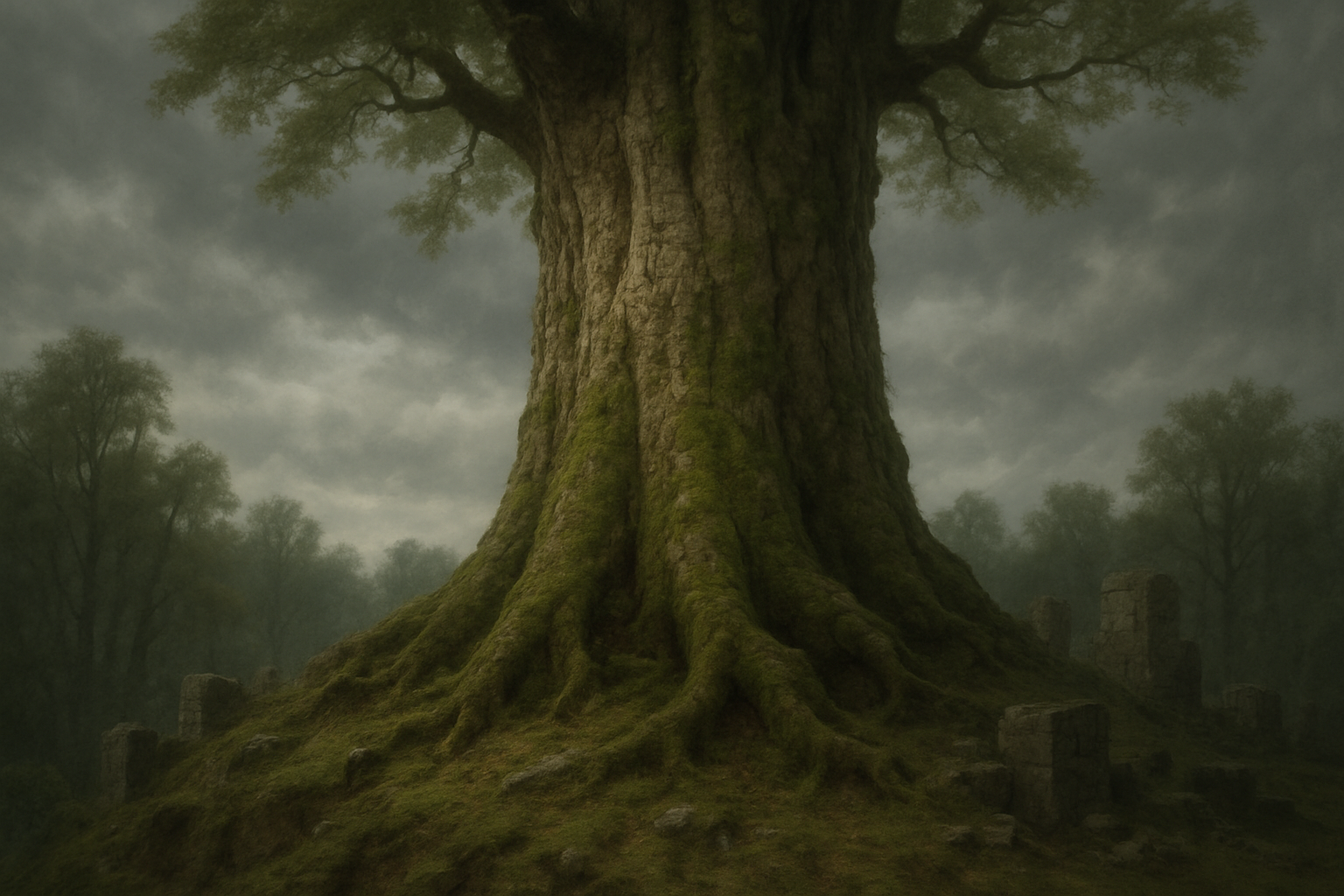 Ancient tree surrounded by moss and ruins, under a cloudy sky