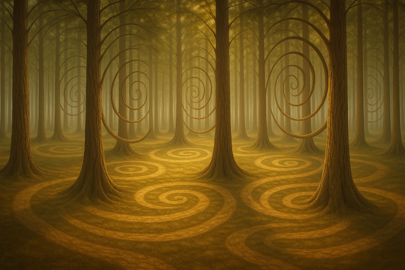 The Spiral Grove: Sacred Geometry in Forest Growth -Sunlight spiraling through a sacred grove of curved forest trees