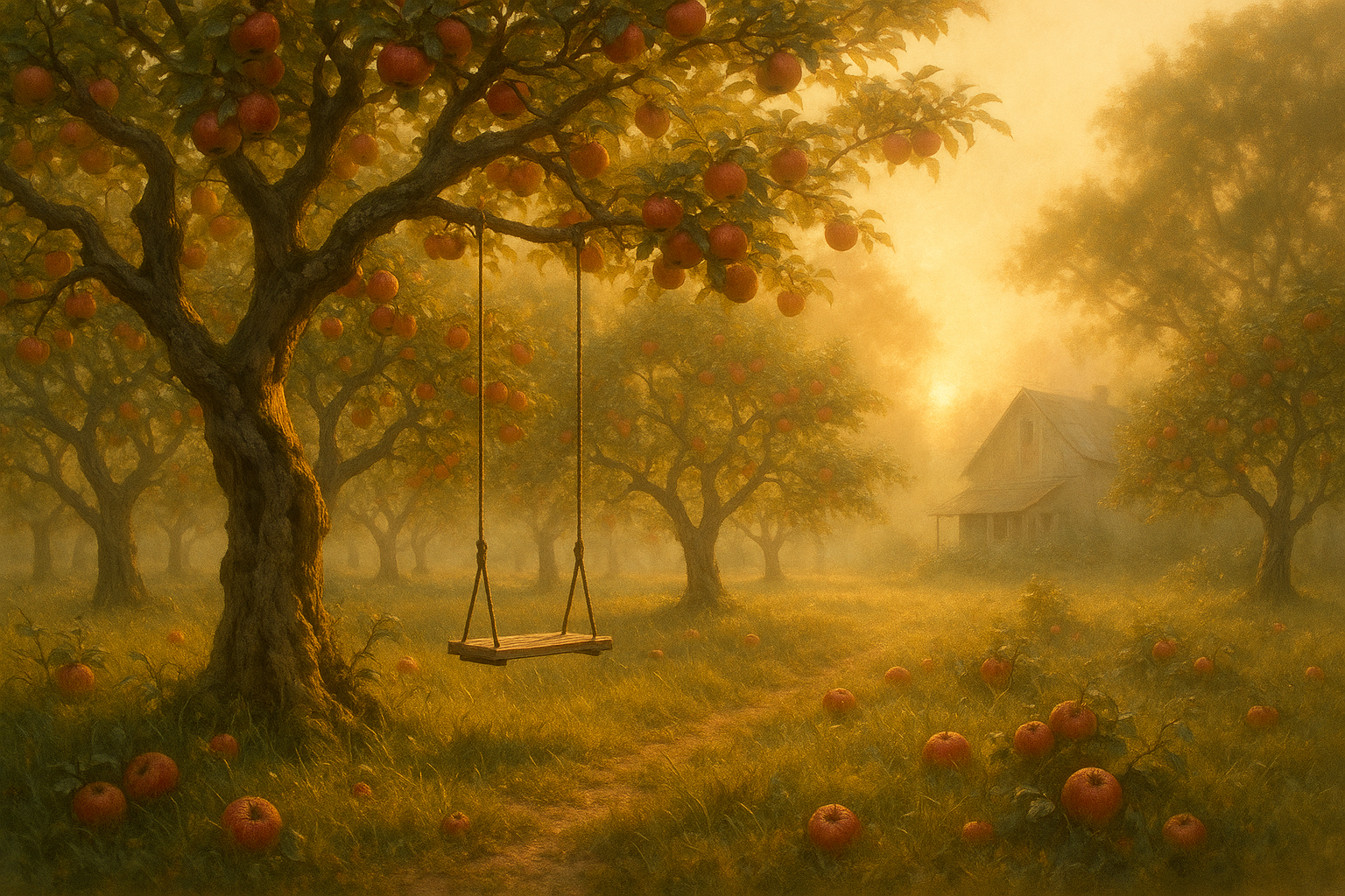An old apple orchard at sunset with fruit-laden branches and a farmhouse in the background