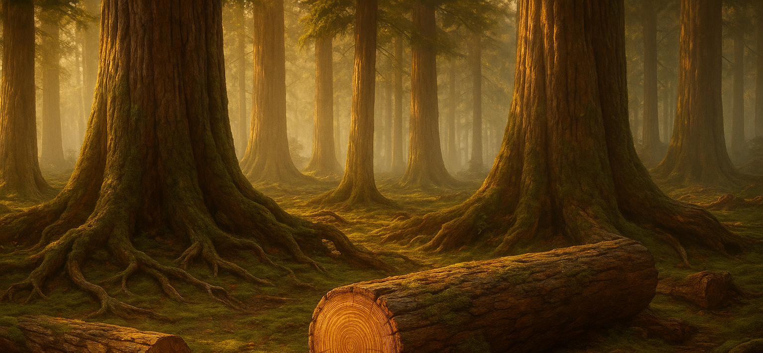 Roots of Memory: How Trees Carry the Past into the Present - Moss-covered forest with large trees, visible tree rings on a fallen trunk, and sprawling roots illuminated by sunlight.