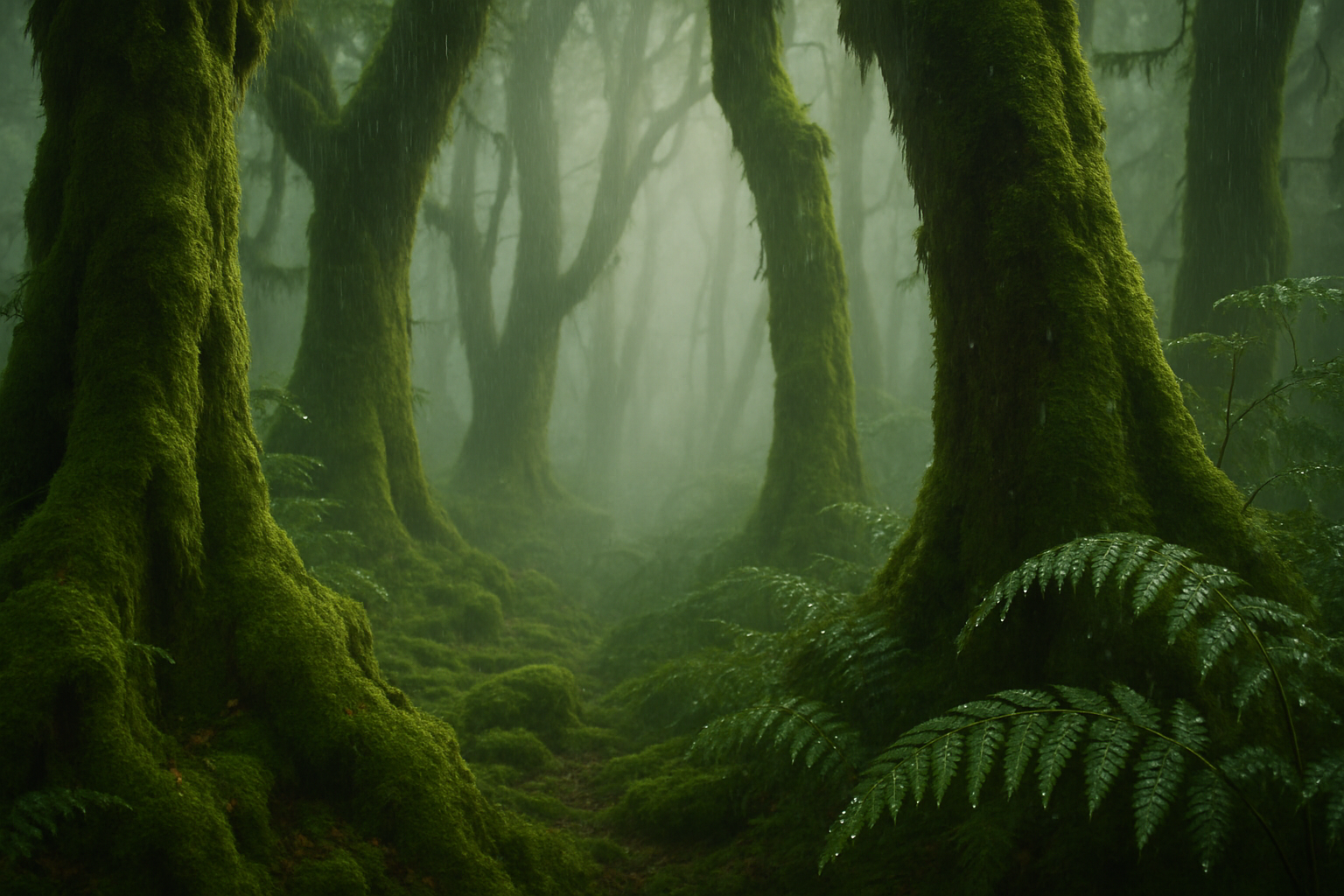 The Rain That Trees Remember - Misty forest with moss-covered trees and light rain on leaves