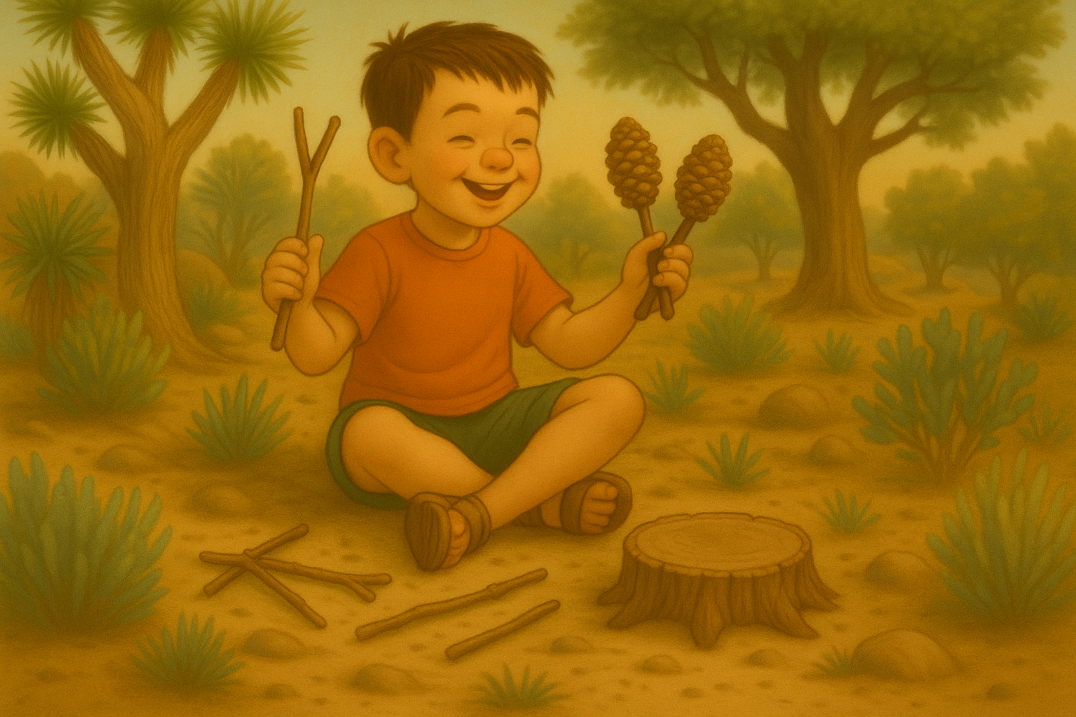  Child playing homemade bark drum in a sunny backyard surrounded by tree-based instruments.