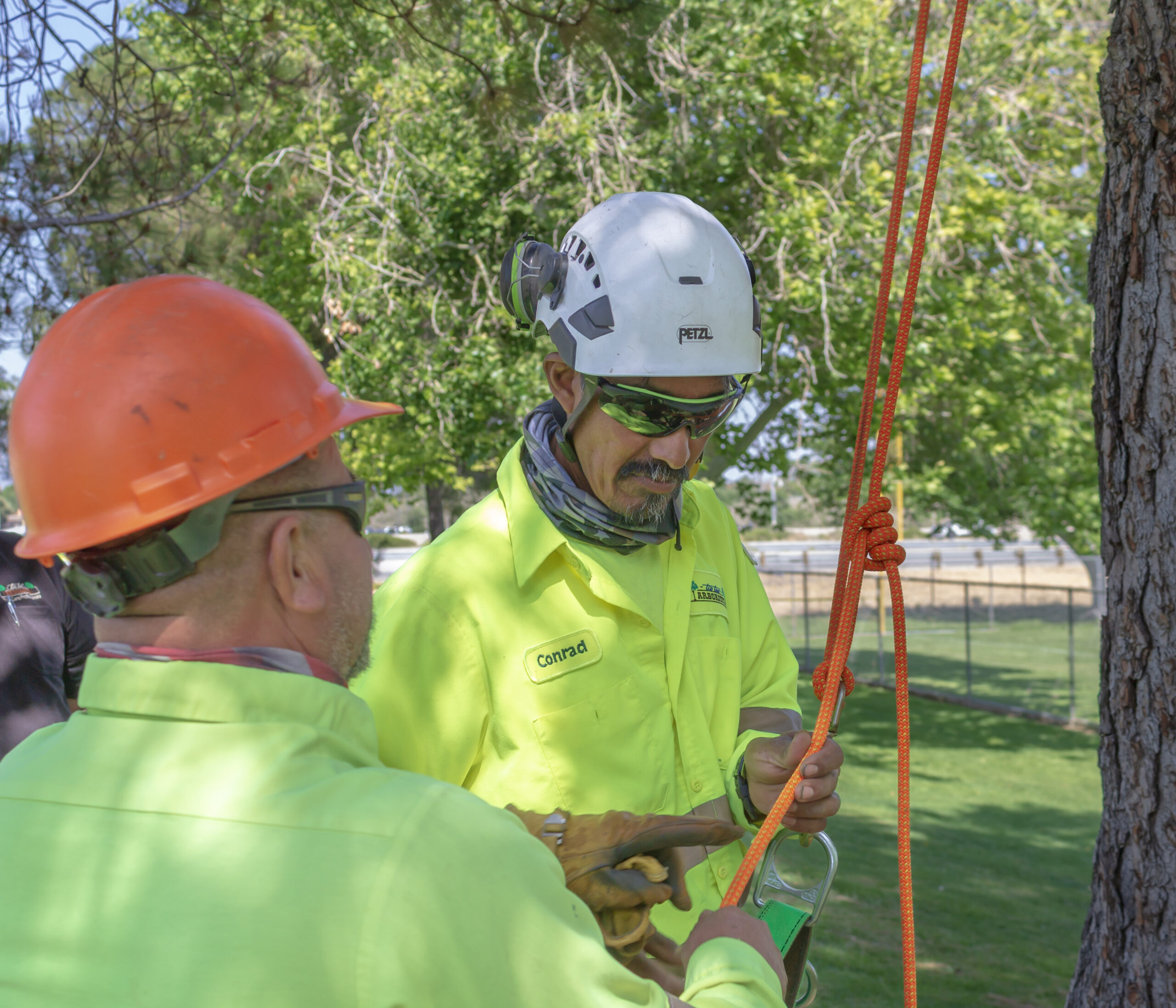 Two workers handling climbing equipment.