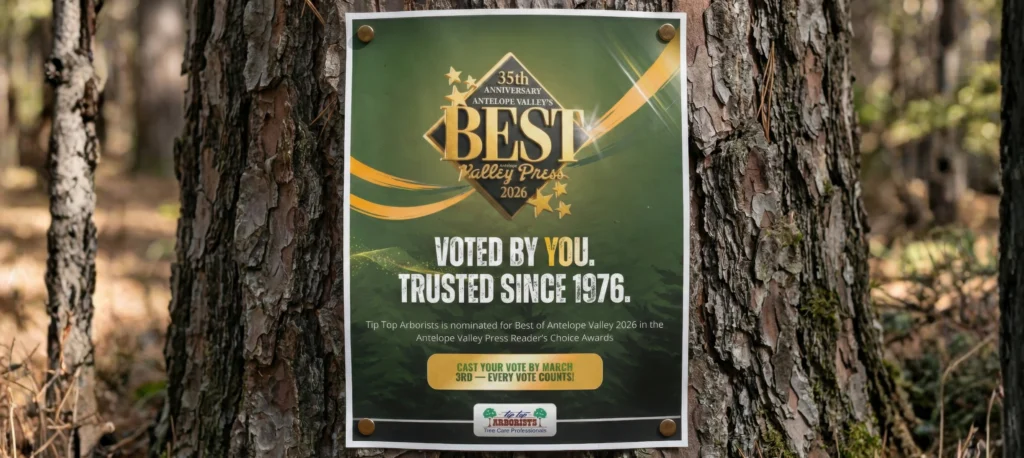 Best of Antelope Valley 2026 nomination poster for Tip Top Arborists pinned to a tree trunk.