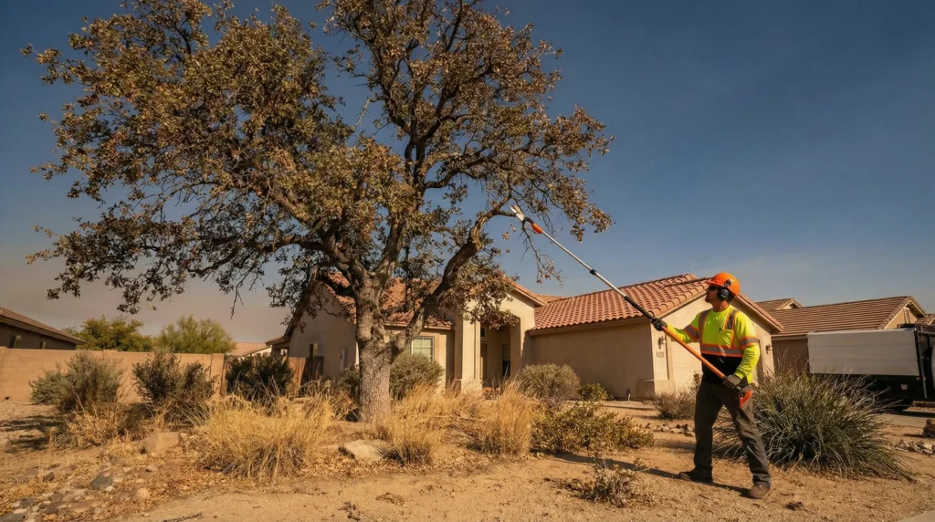 ISA-certified arborist performing fire season tree clearing at a high desert home in Lancaster, CA