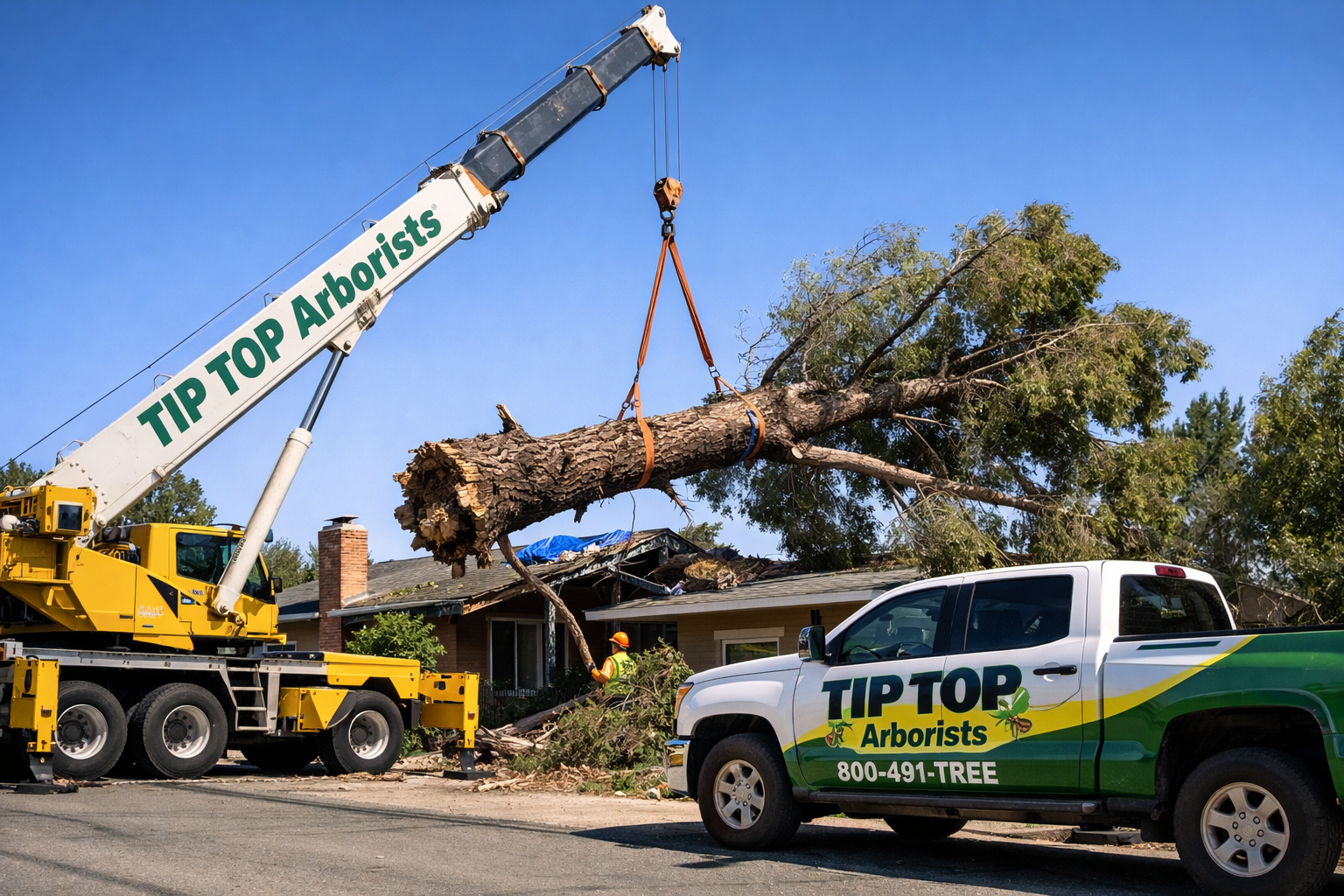 Emergency tree removal Lancaster using crane after wind damage