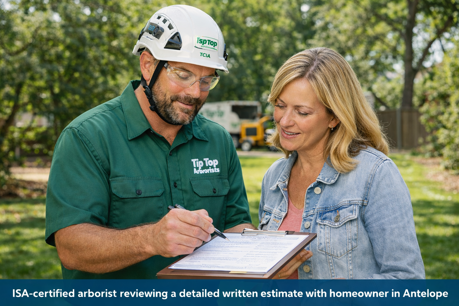 how to choose the right arborist in Antelope Valley – ISA-certified arborist reviewing a written estimate with homeowner
