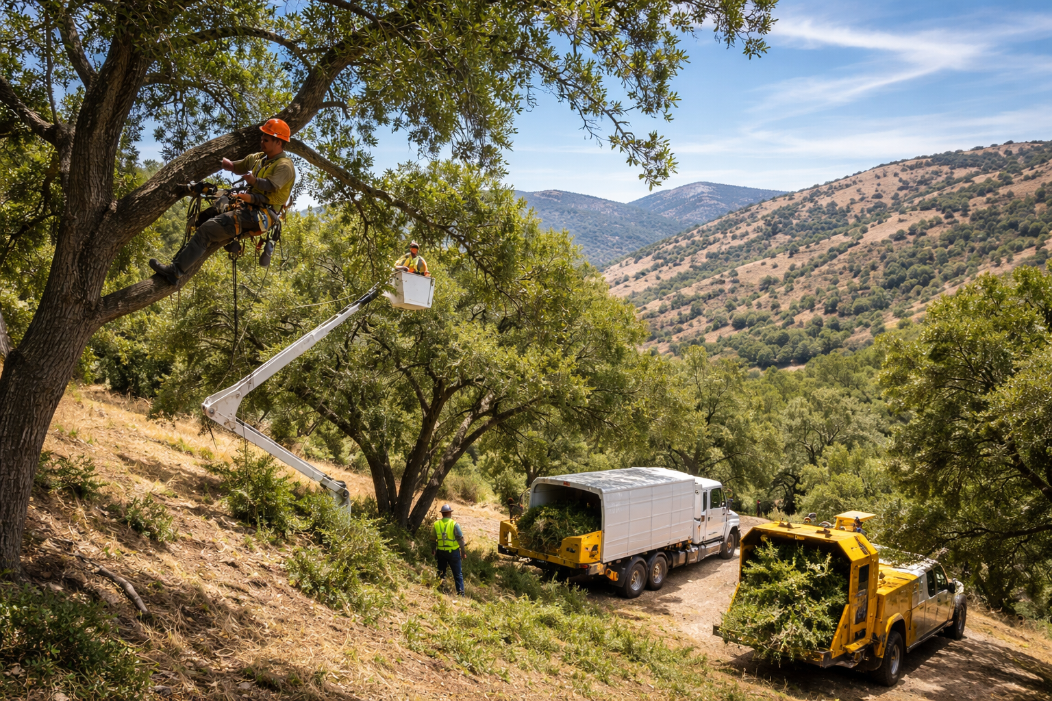 mistletoe removal Antelope Valley hillside tree trimming arborists working safely