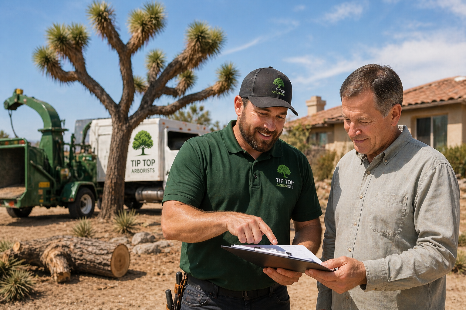 Certified arborist reviewing Joshua tree removal permit with homeowner in Antelope Valley
