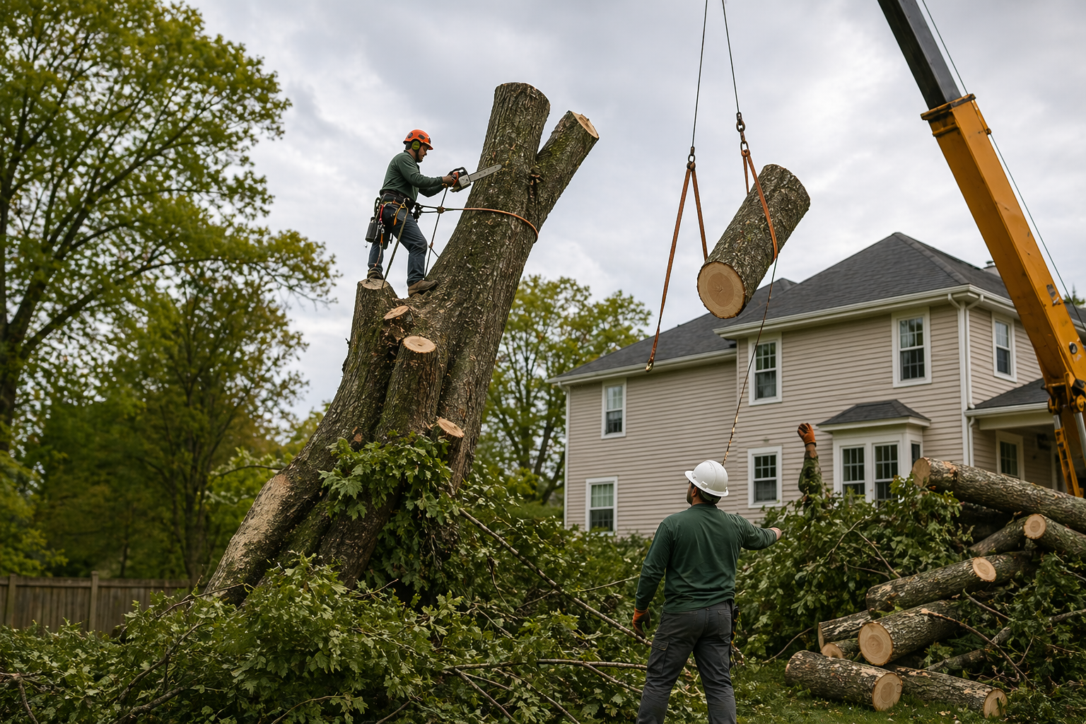 tree removal case study showing hazardous tree removal near house by professional arborists