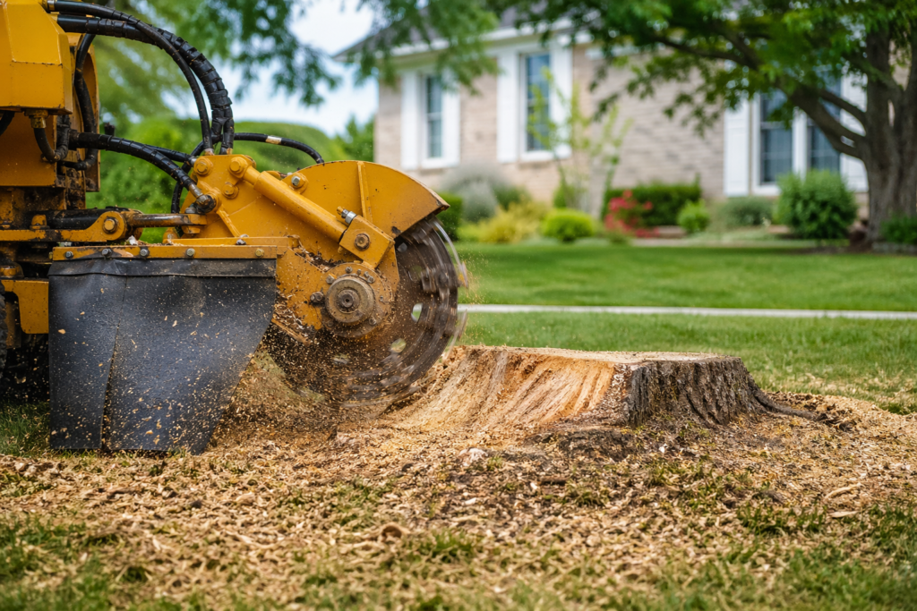 Stump Grinding Cost in Lancaster CA: What You Need to Know 1 Stump grinding cost in Lancaster CA service removing large tree stump with professional grinder machine in residential yard