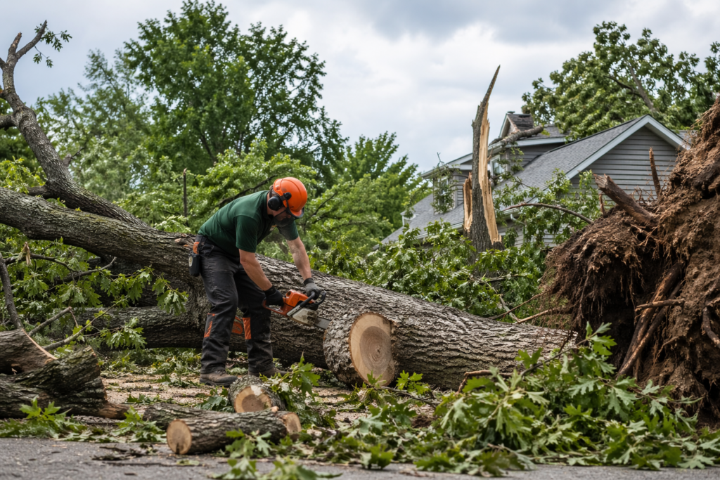 storm damage cleanup service removing fallen tree safely