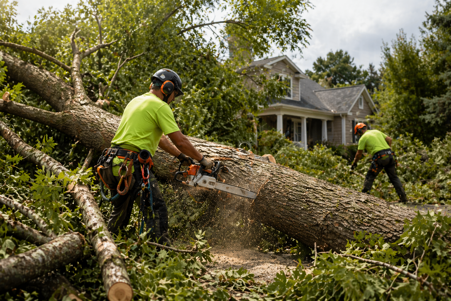 storm cleanup services by Tip Top Arborists clearing fallen tree and debris safely