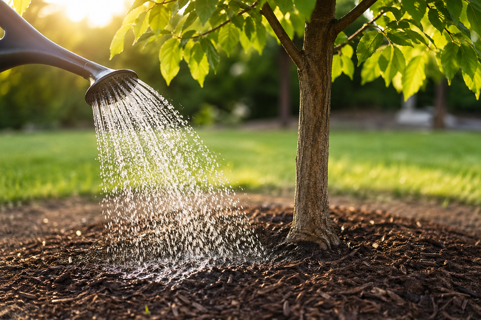 tree watering guide for drought conditions showing deep root watering method