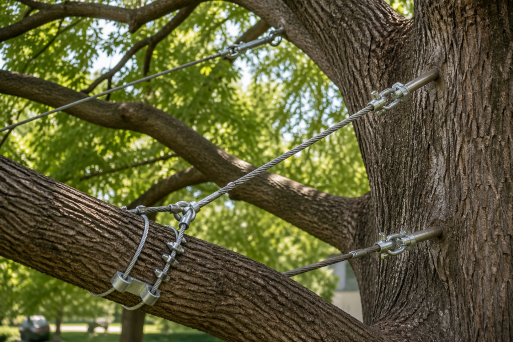 Tree cabling and bracing techniques to support weak tree branches