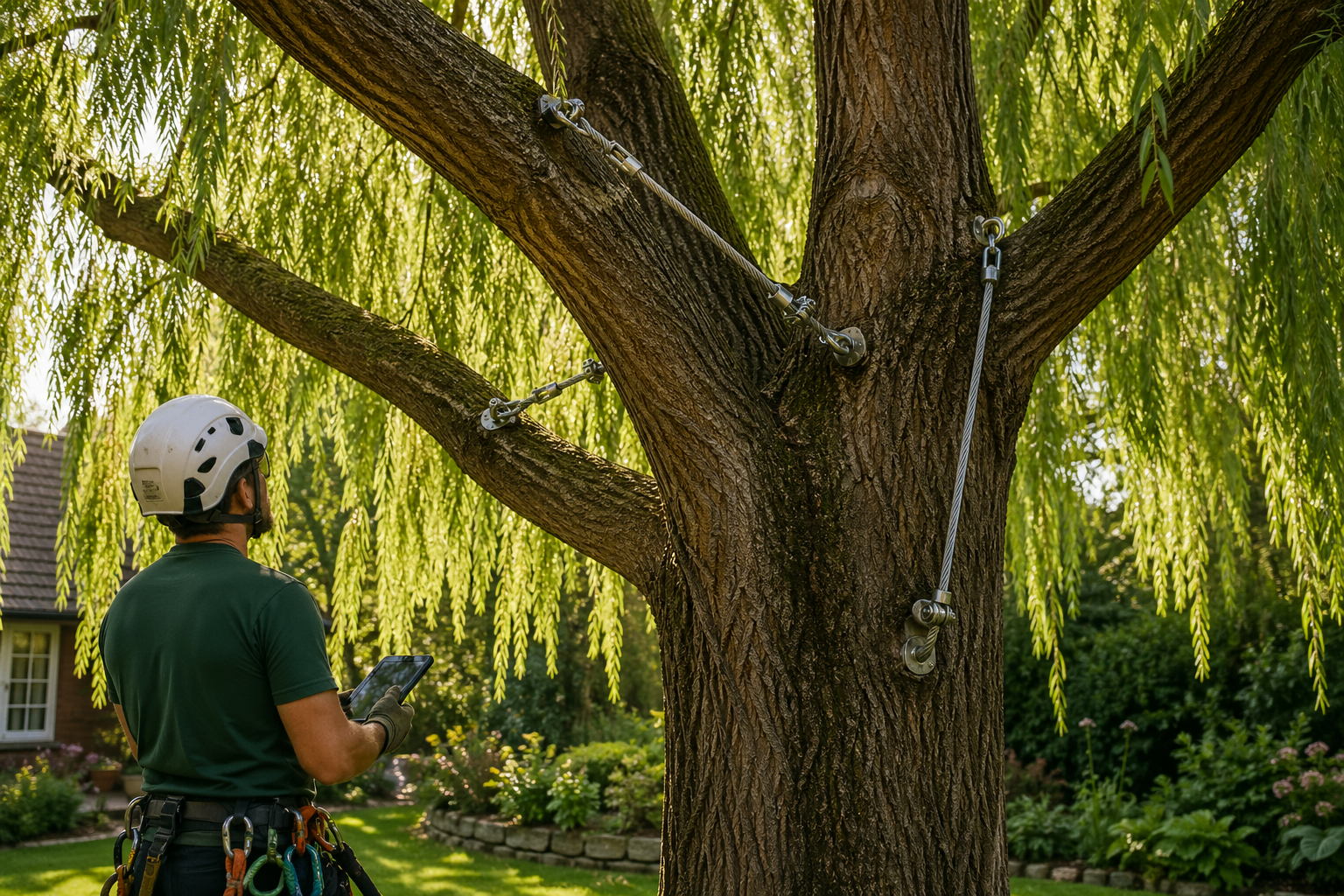 Tree bracing review and support system installed on weeping willow tree
