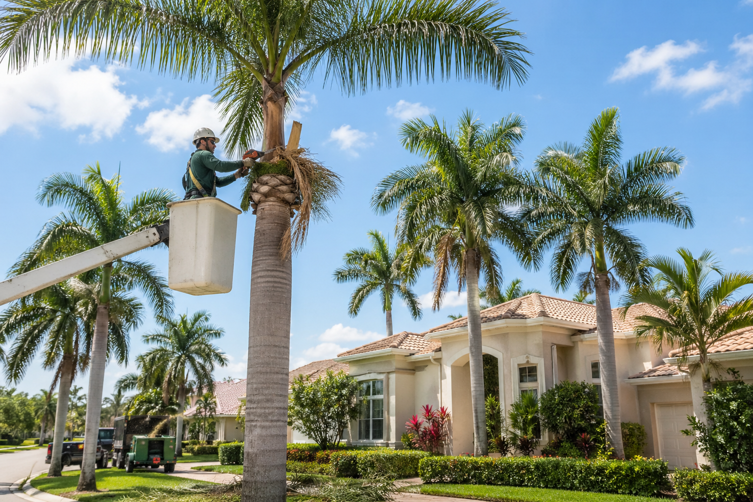 Palm tree trimming services by professional arborists in Florida