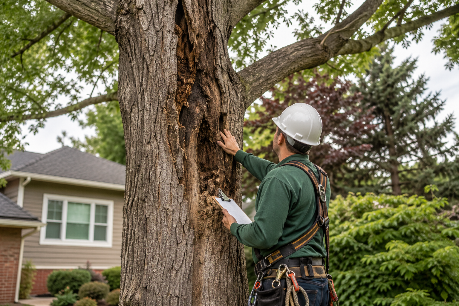 Tree risk assessment for high winds by arborist inspecting tree for storm safety
