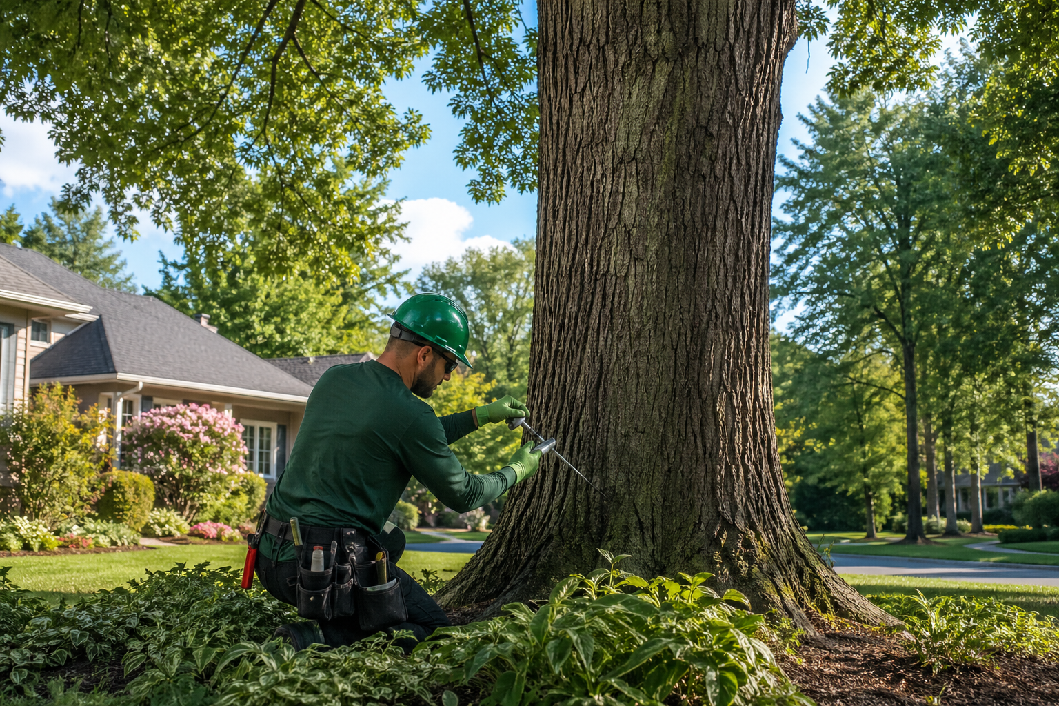 tree disease treatment review for oak wilt by arborists in residential yard