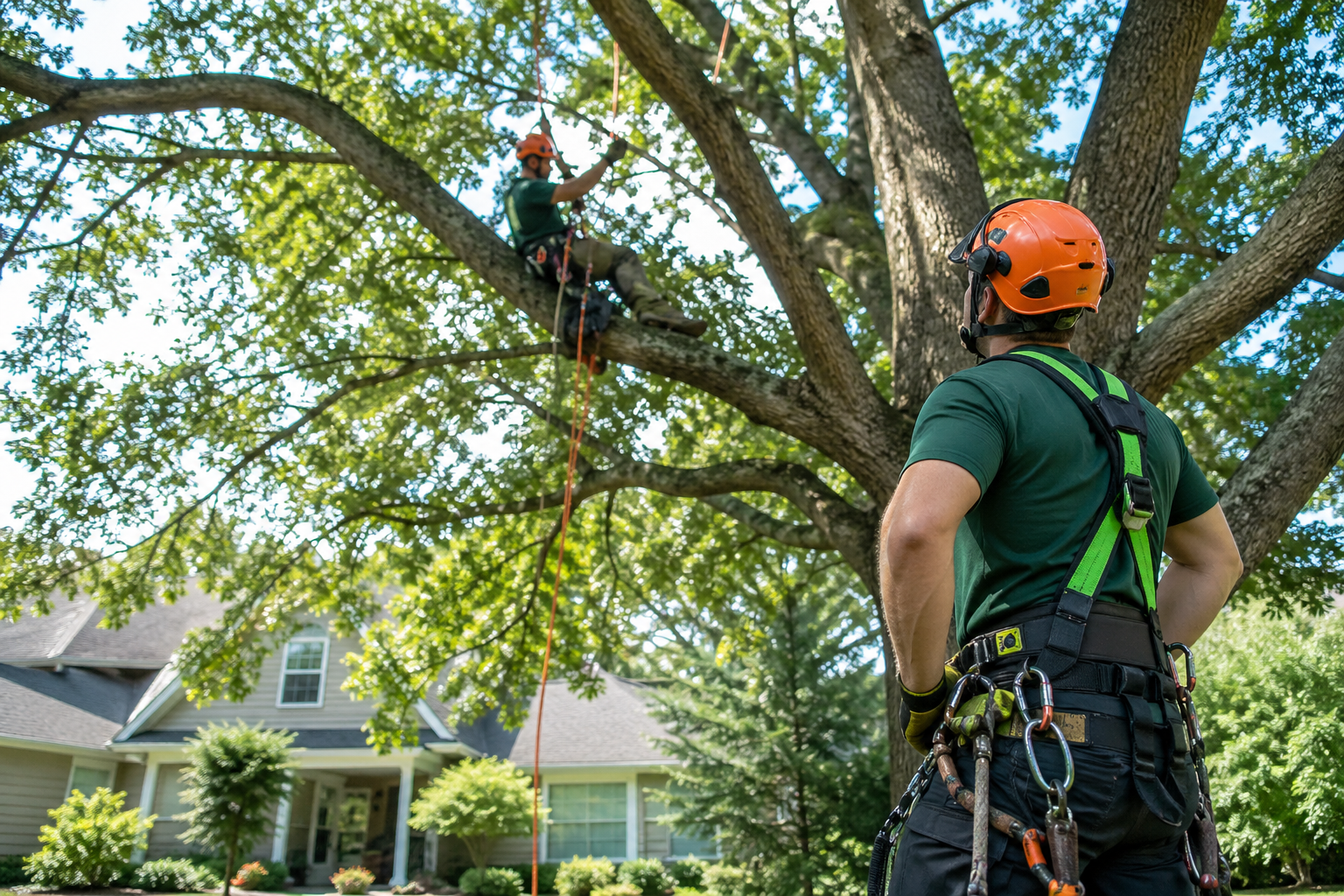 corrective pruning review of oak tree by professional arborist in residential yard