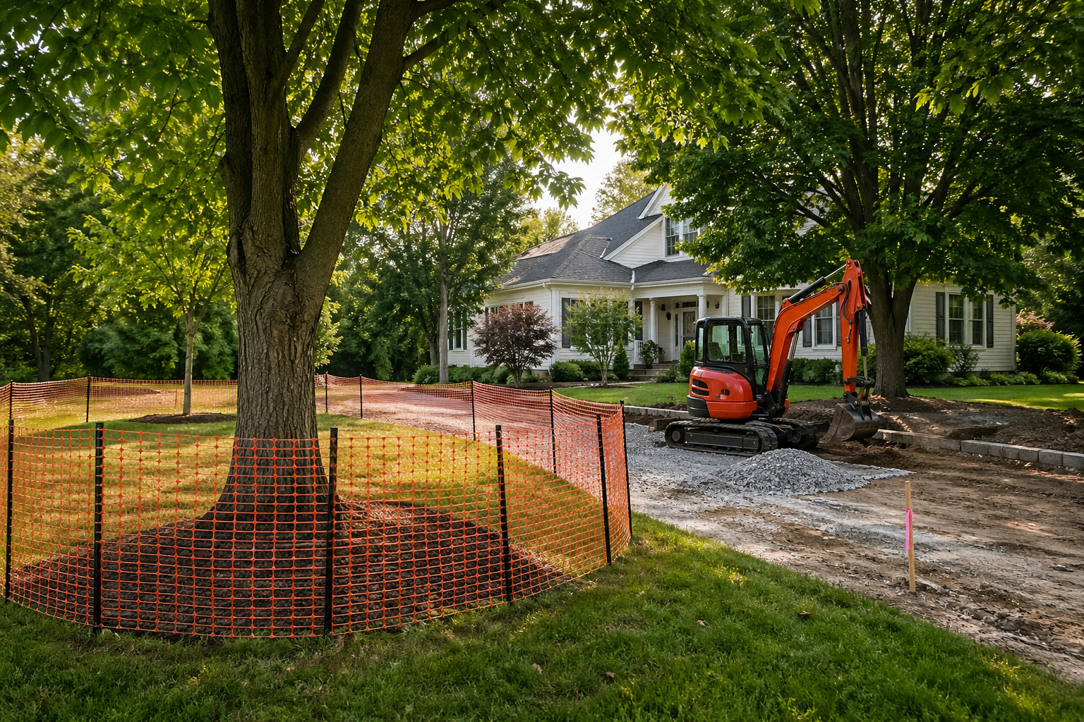 Tree Protection Review showing fenced tree protection zone around mature trees during residential construction project
