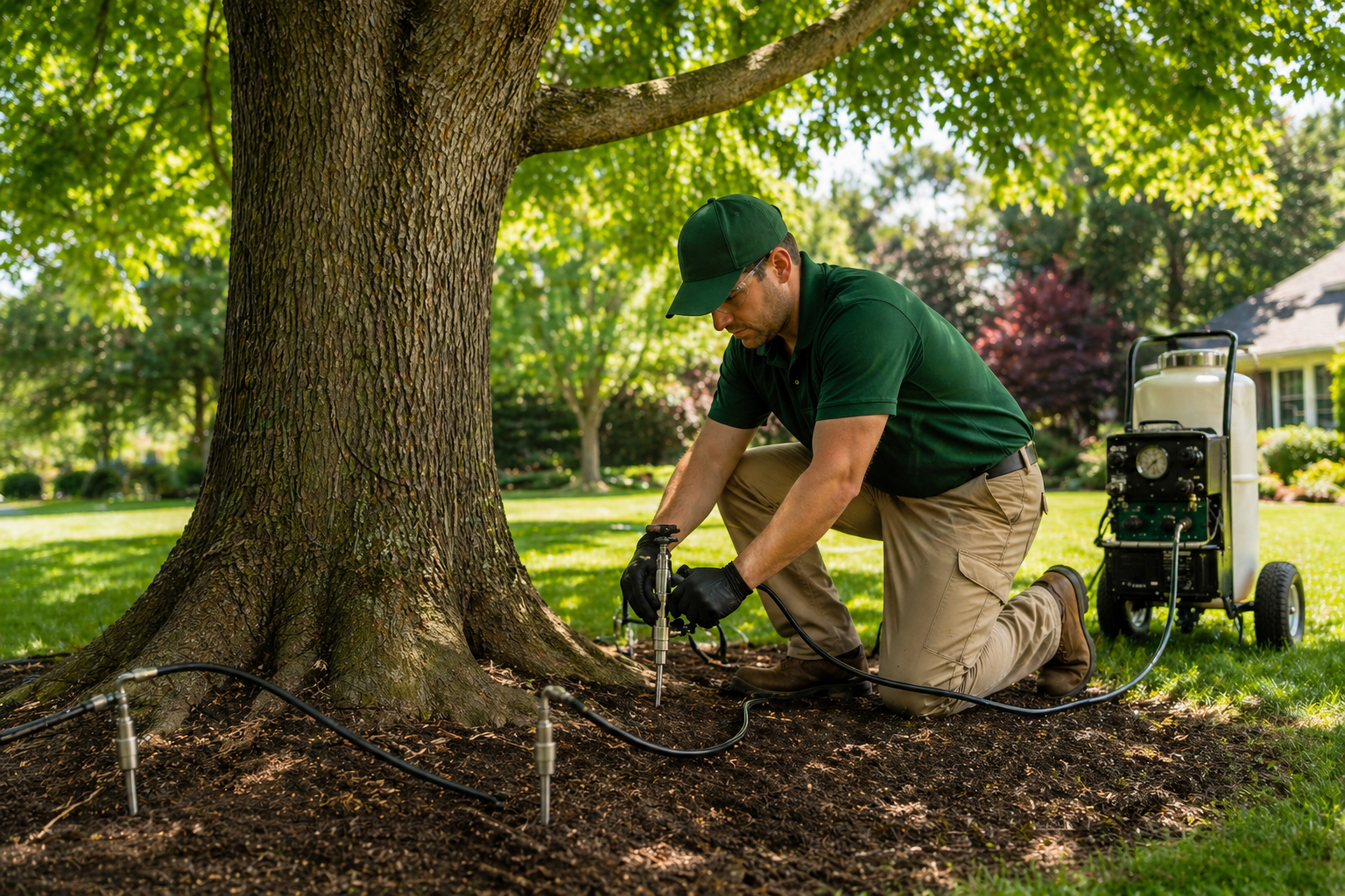 Deep root fertilization process by arborist improving tree health with nutrient injection around tree roots