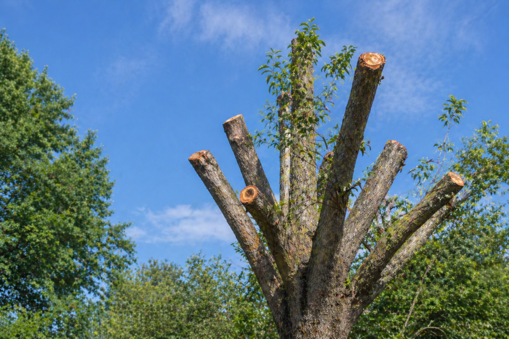 Tree topping is harmful effects showing damaged tree branches after improper pruning