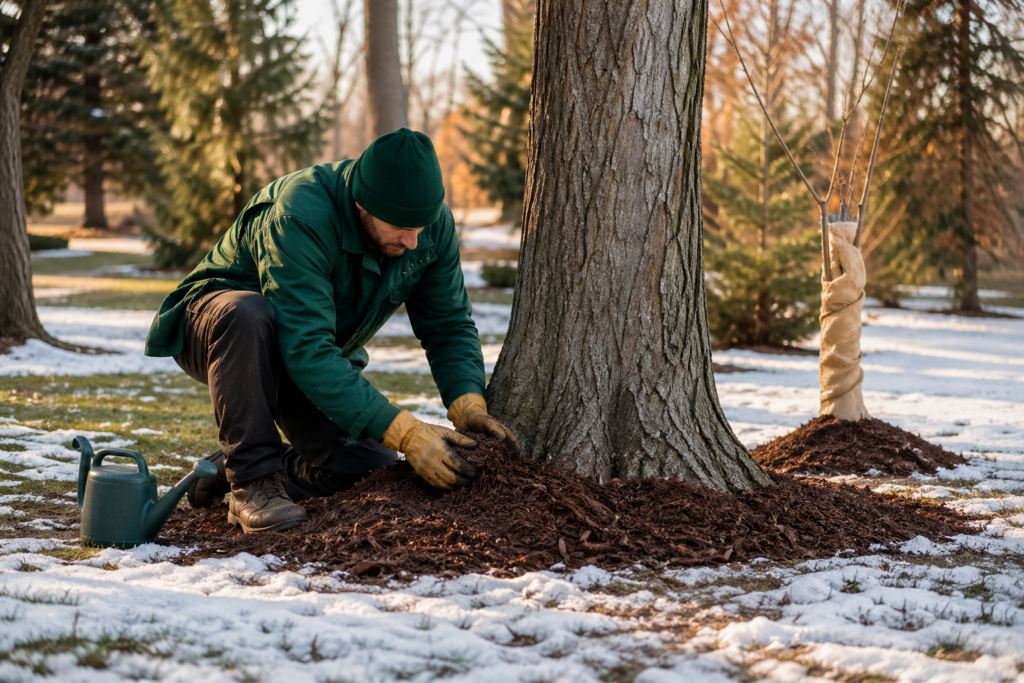 prepare trees for winter by applying mulch around tree base