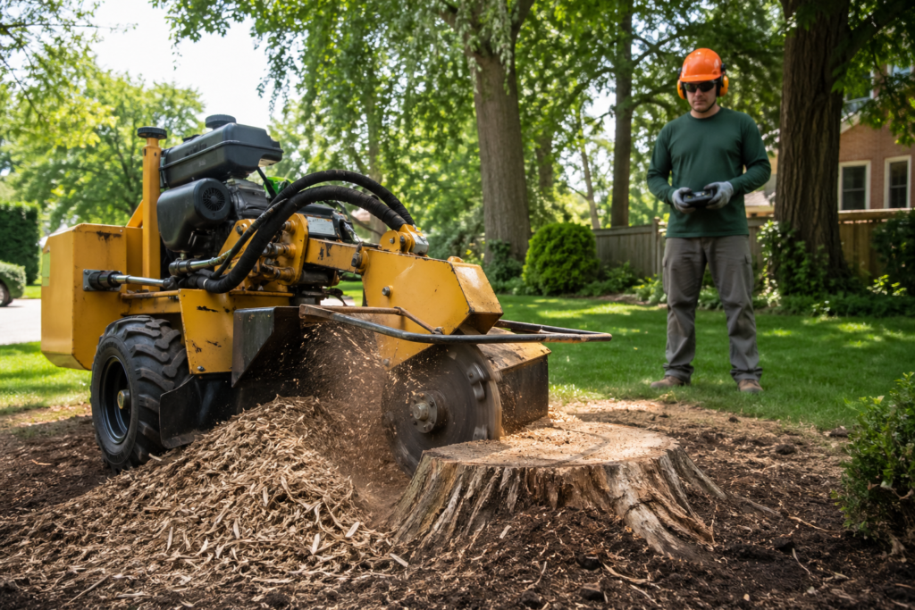 Professional stump grinding service removing tree stump in residential yard by Tip Top Arborists