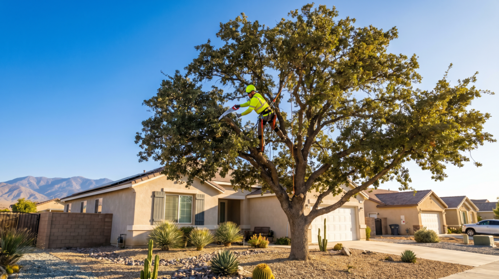 how long does tree trimming last – ISA-certified arborist assessing a mature tree in Lancaster CA