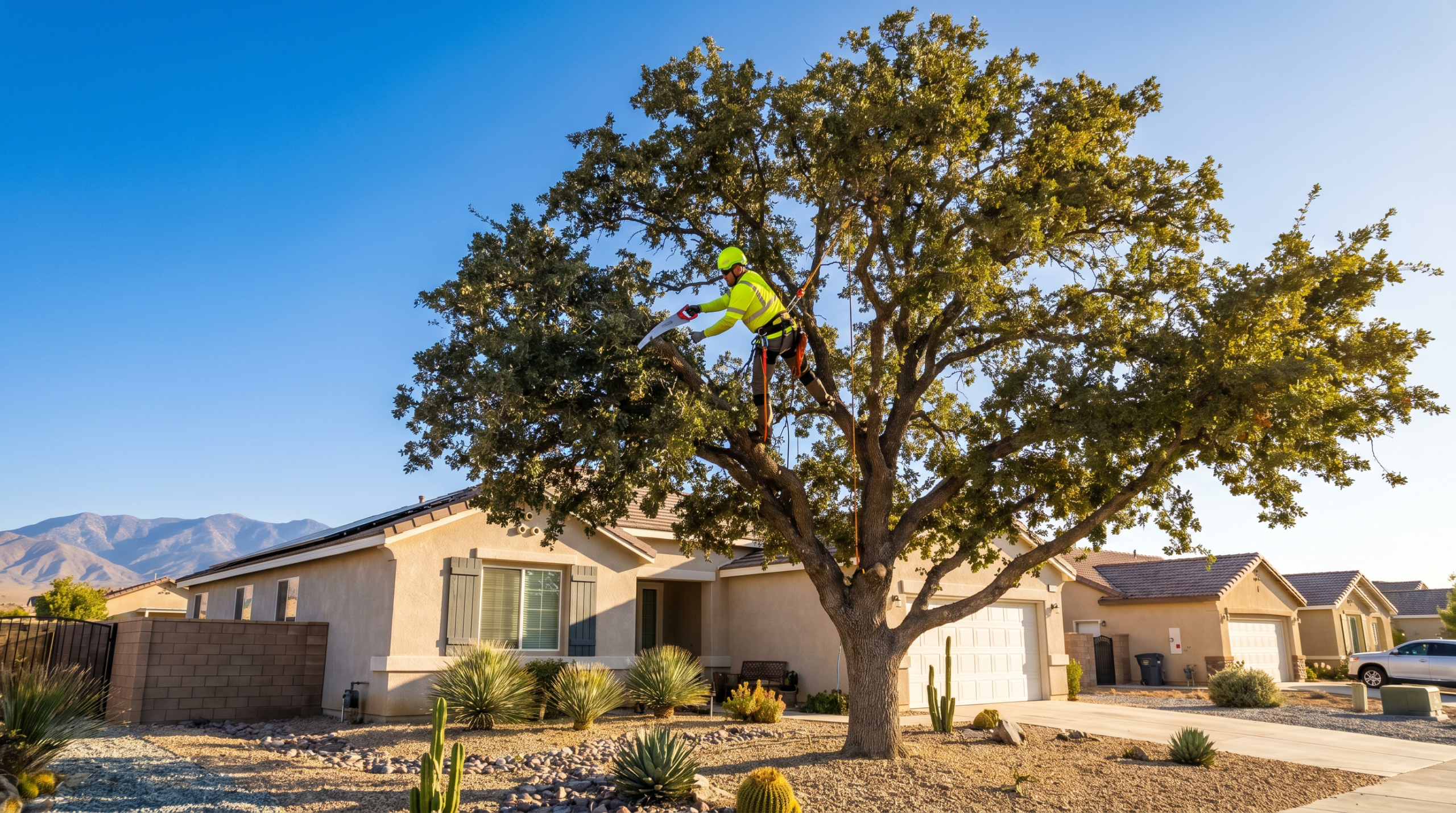 how long does tree trimming last – ISA-certified arborist assessing a mature tree in Lancaster CA