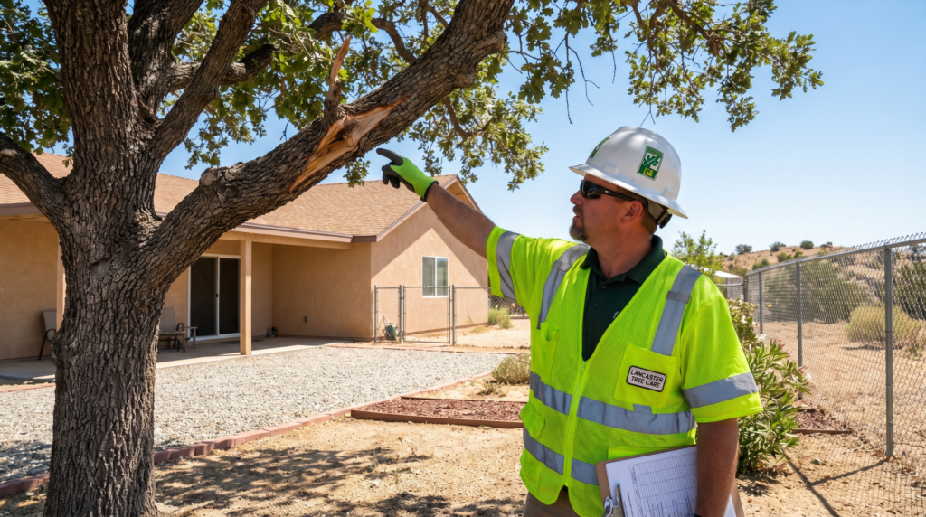 wind damage trees in Lancaster CA arborist inspecting tree after storm