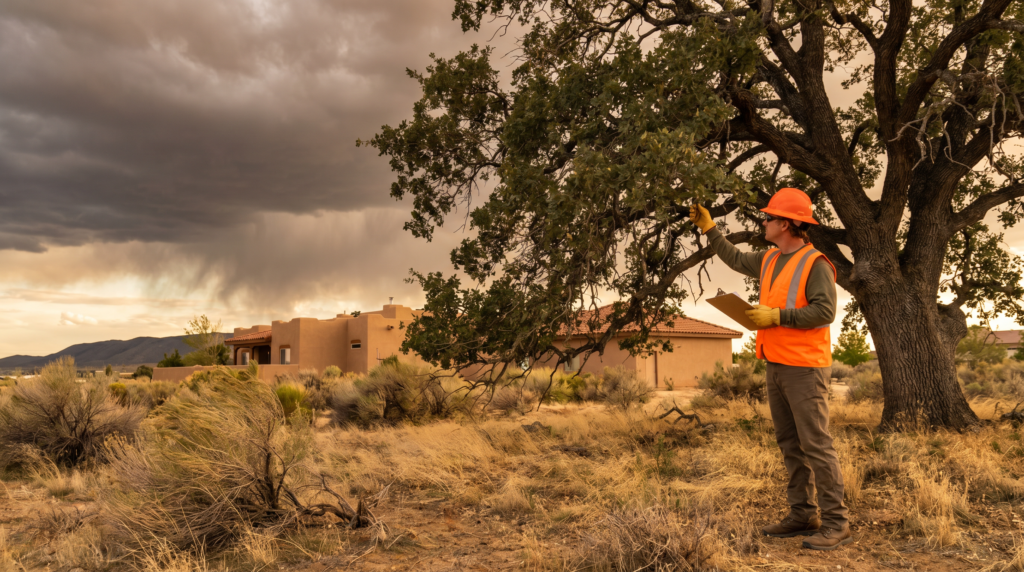 prepare trees for wind and rain season Antelope Valley arborist inspecting tree