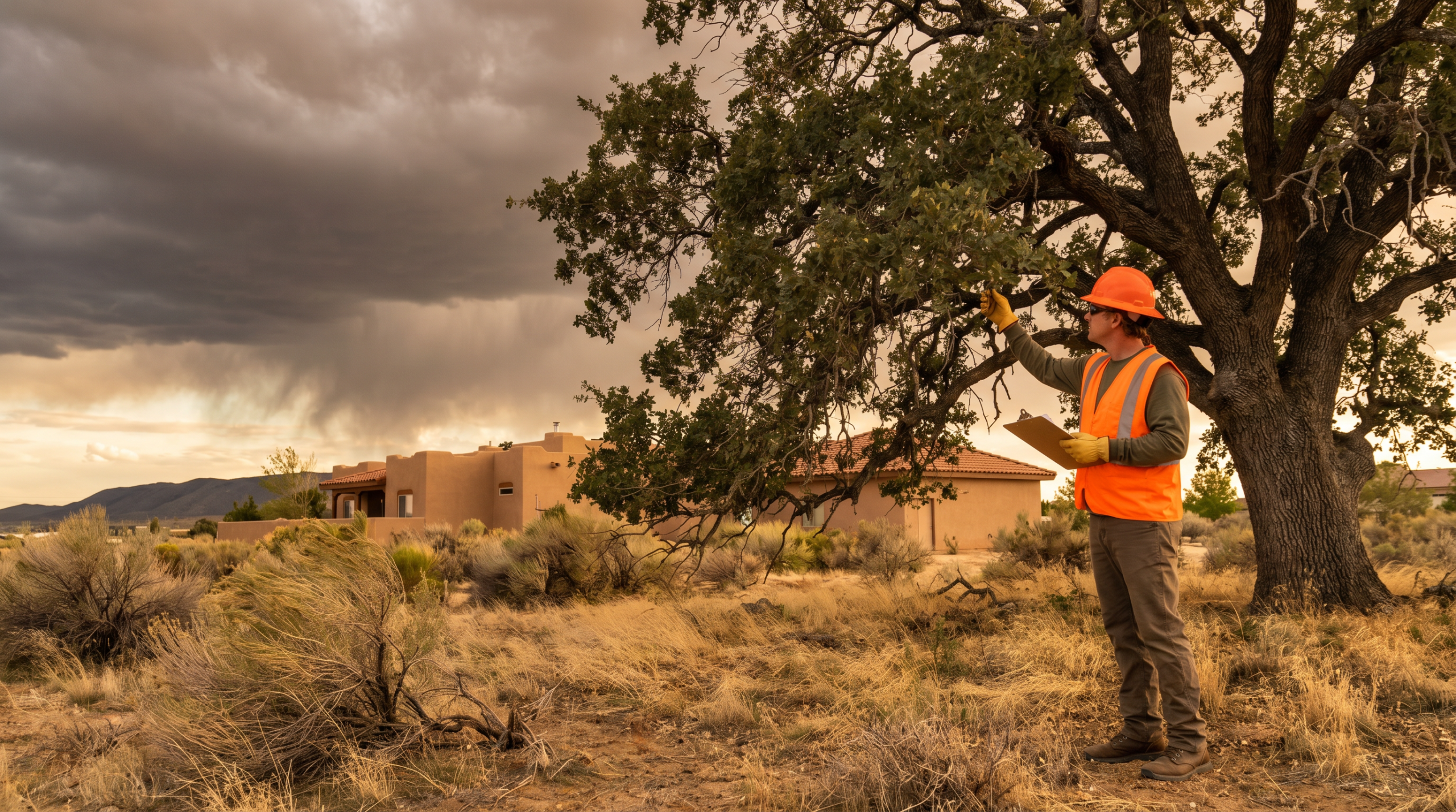 prepare trees for wind and rain season Antelope Valley arborist inspecting tree