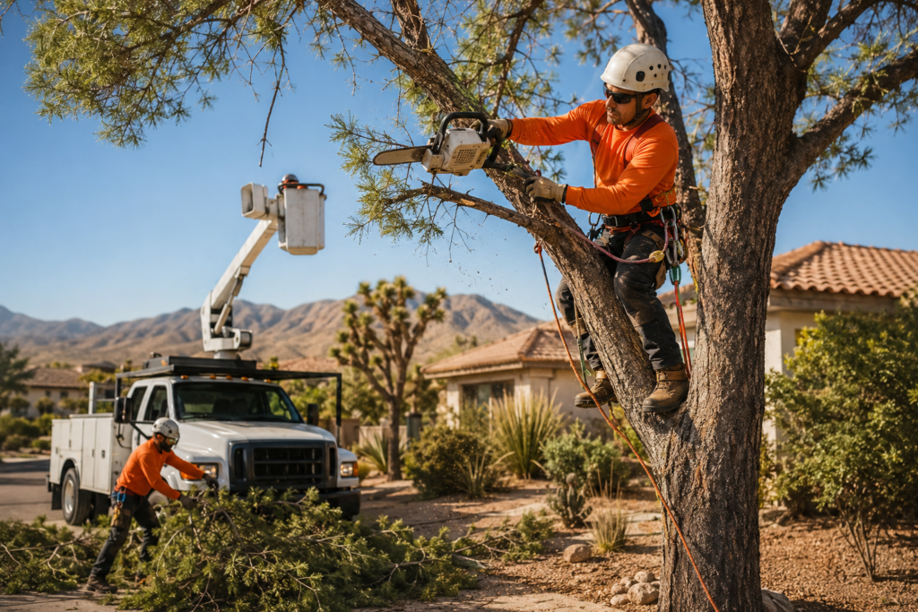 Professional tree service Antelope Valley crew pruning desert trees near residential homes in high desert California landscape